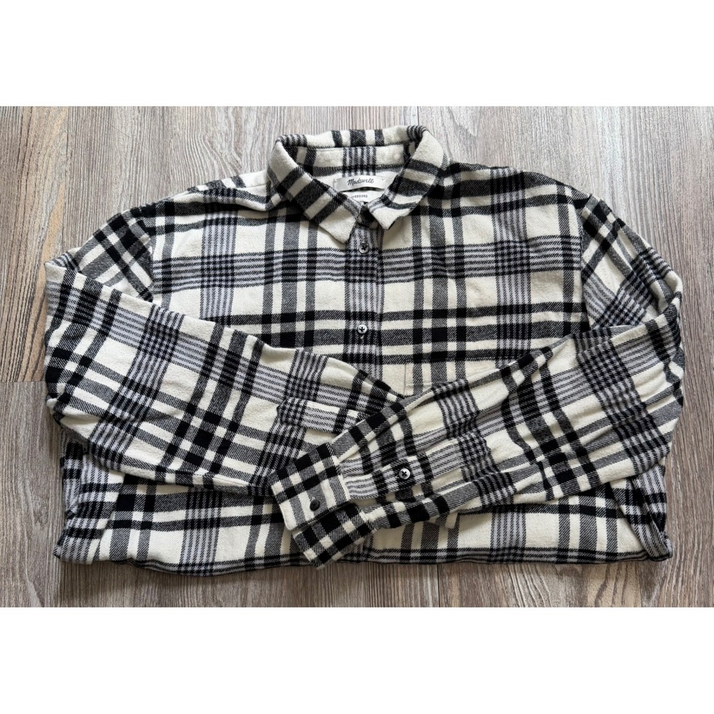 Madewell Oversized Flannel Shirt Black White Plaid Cotton Button Down Medium